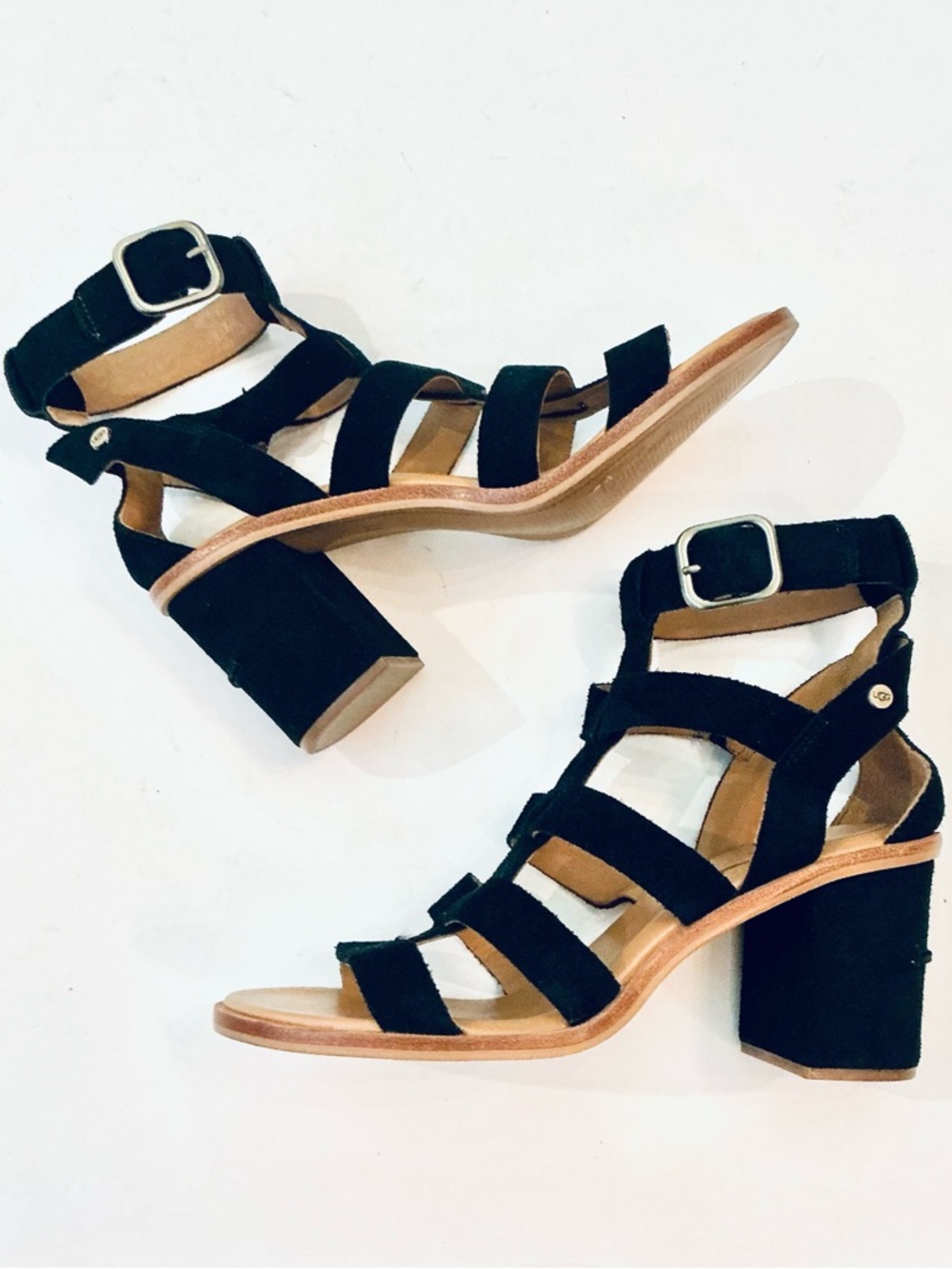 UGG Australia, Macayla Black Suede Strappy Heeled Sandals, Size 8